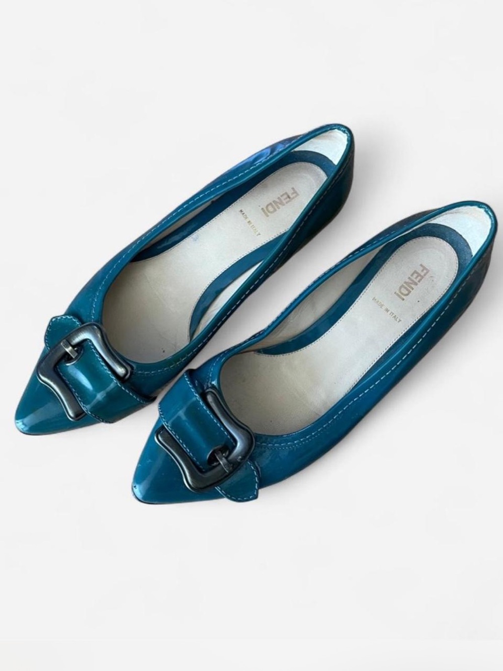 Authentic Fendi Teal Patent Leather Pointed Toe Buckle Flats Size 38.5